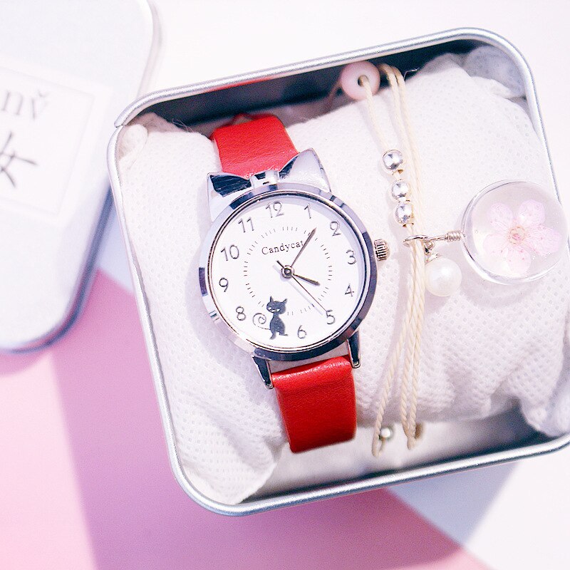 freundlicher Uhren Studenten freundlicher Rosa Uhr Mädchen Art Stunden Schwarz Katze Quarz Armbanduhr Mädchen Uhren freundlicher uhren: rot Nein Kasten