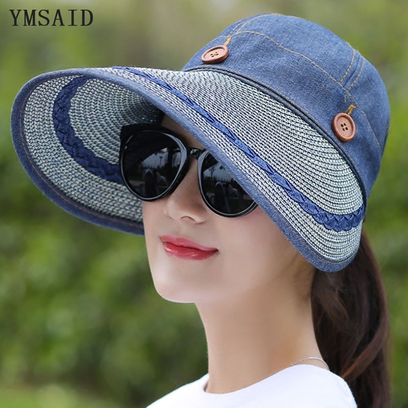 Ymsaid hatte kvinder bred stor skygge floppy sommer strand sol hat stråhat knap kasket sommer hatte kvindelig anti-uv visir cap