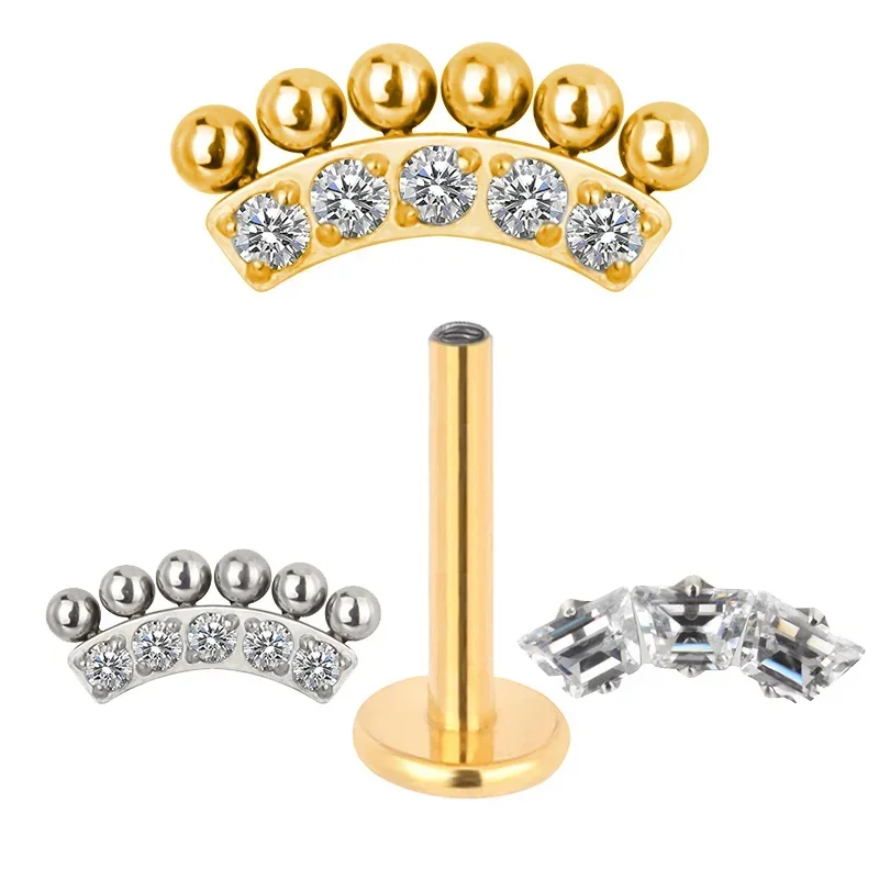 Orecchini a barra curva PIERC in titanio ASTM F136 con sfera e gioielli per piercing al corpo con labret filettato superiore pavimentato CZ