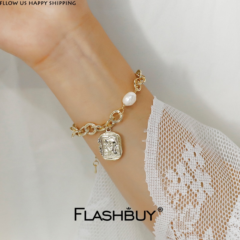 Flashbuy Simple Metal Bangle Bracelet For Women Portrait Gold Coin Pearl Bracelet Jewelry Bijoux Femma