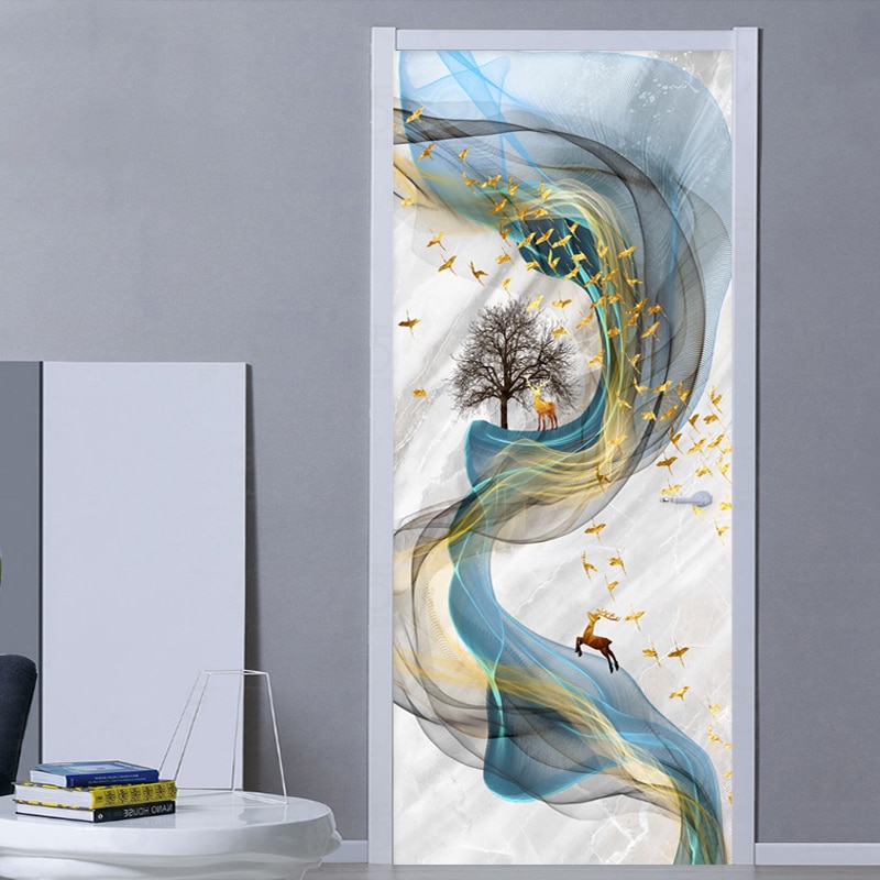 Pvc selvklæbende vandtæt dørmærkat 3d stereo abstrakt kunstlinje marmor tapet stue soveværelse boligindretning dørpasta