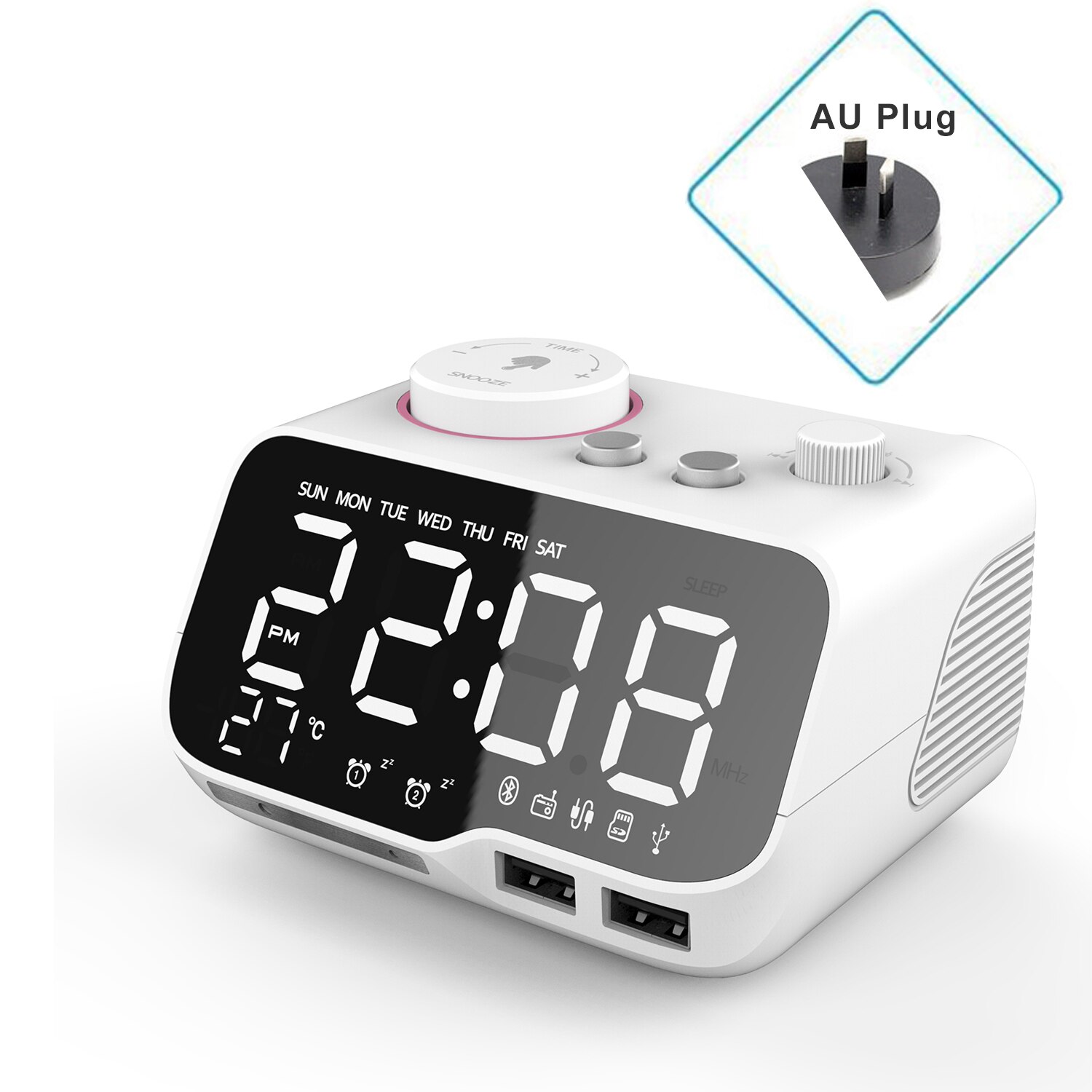 Miclock【actualizado-reloj despertador con cargador USB, despertador Digital LED con Radio FM, Altavoz Bluetooth, temperatura, repetición: White-AU Plug