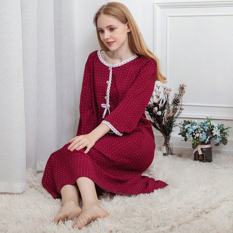 Lente Sleepdress Vrouwen Katoen Lange Mouw Losse Nachtjapon Ademend Zachte Homewear Nachtkleding Nachthemd Lange Thuis Kleding Vrouwen
