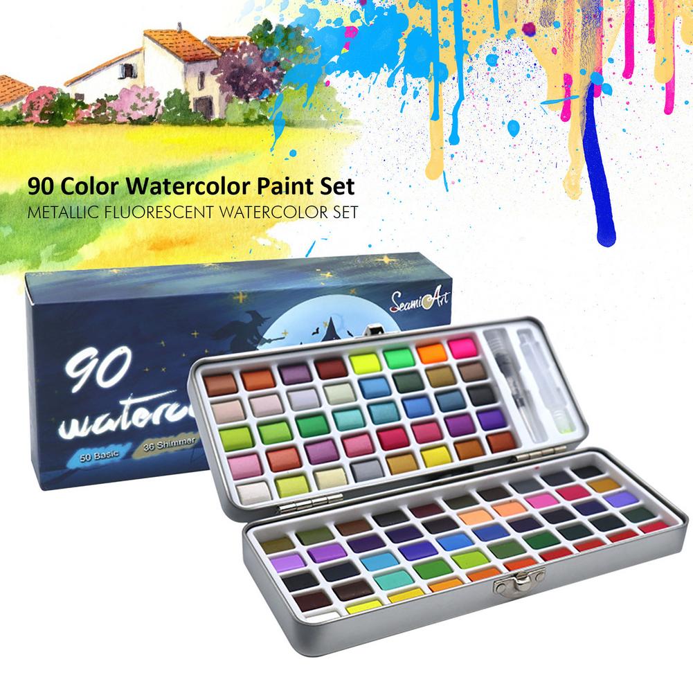 Juego de acuarelas fluorescentes metalizadas, pintura de acuarela con purpurina para dibujar, suministros de pintura artística, suministros de arte, 90 colores