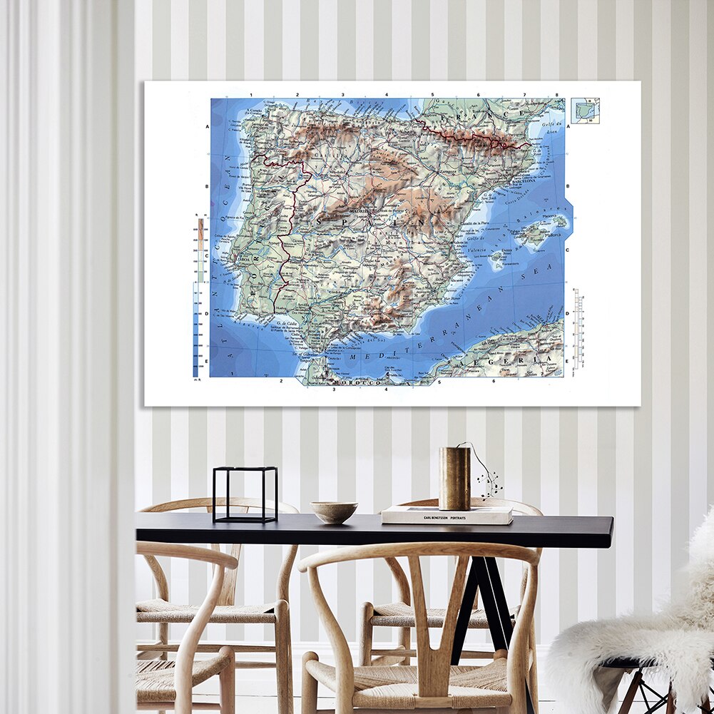 225*150cm The Spain Terrain Elevation Map In Spanish Non-woven Canvas Painting Wall Art Poster Home Decor School Supplies