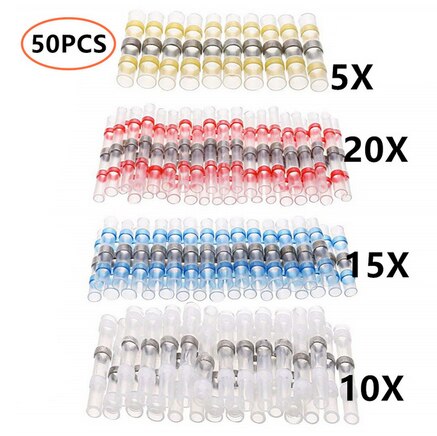 10/30/50PCS Waterproof Solder Seal Sleeve Splice Terminals Heat Shrink Electrical Wire Butt Connectors Kit Assortment 10-26AWG: 50PCS Mix Color / 50PCS