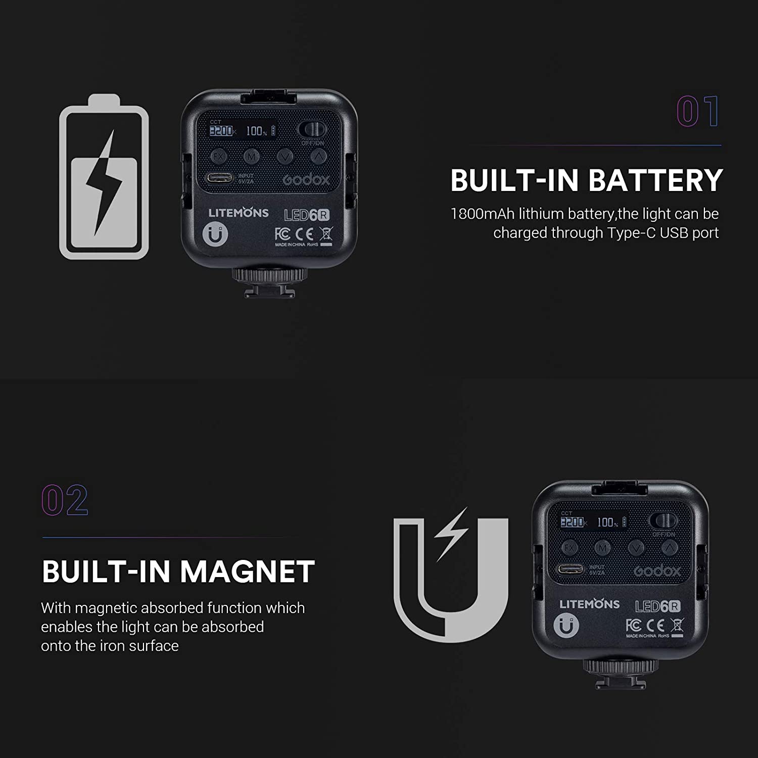 Godox LED 6R RGB Video Licht, dimmbar 0-360 Voll Farbe 3200K-6500K 13 FX Effekte Gebaut-in 1800mAh Li-Ion batterie für Video Licht