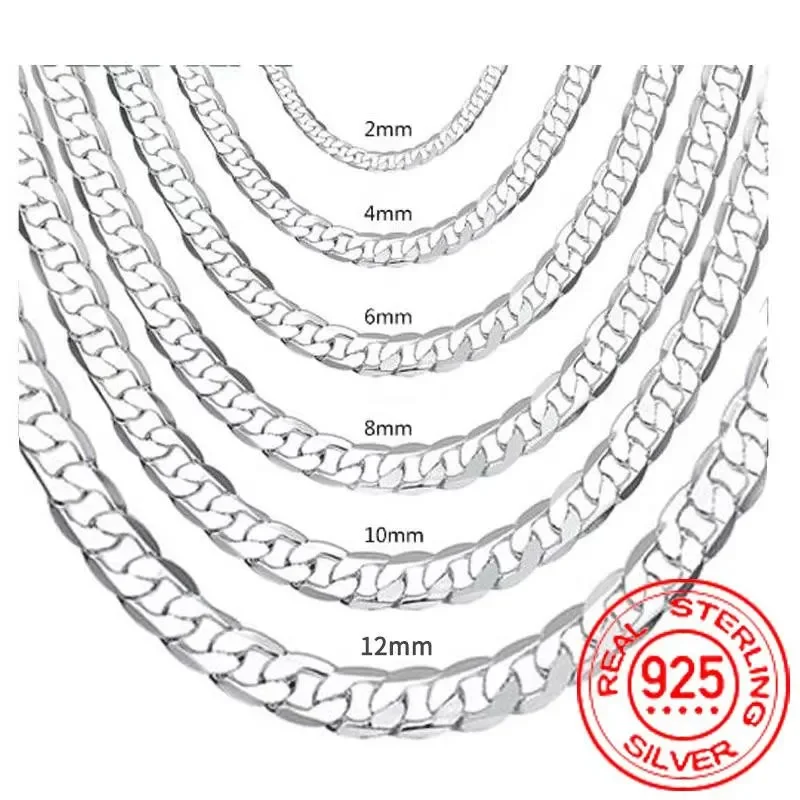 Collier en argent Sterling 925 pour hommes, 2/4/6/8/10/12MM 40-75cm, chaîne faciale, fermoir à homard, bijoux de fiançailles pour hommes et femmes