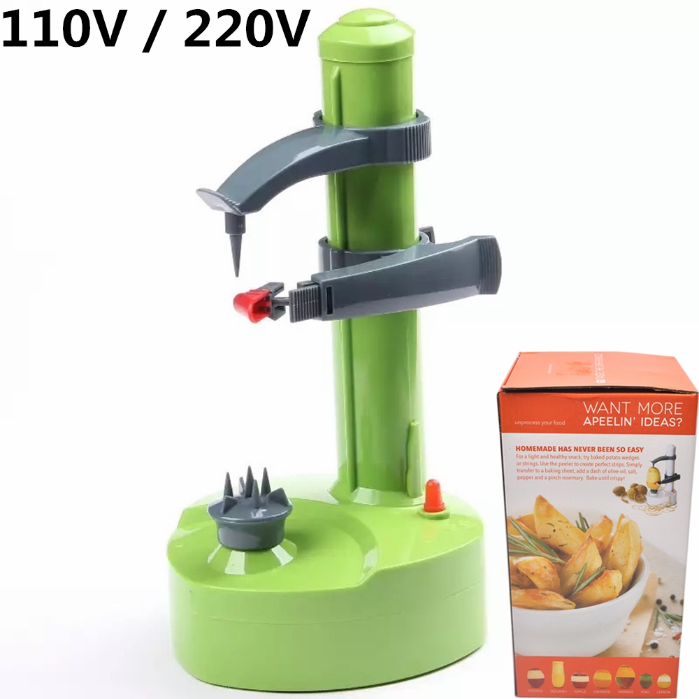 110V 220V Potato Peeler Electric with 3 Blades Automatic Apple Paring Machine Kitchen Tools Cutter Slicer For Vegetable Fruits: green / EU