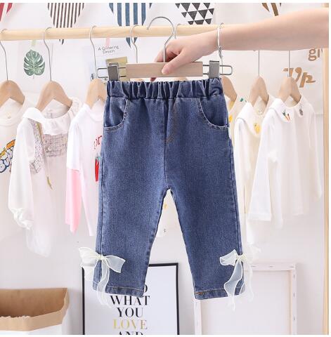 Baby jenter søte jeans høst barnesløyfe lange bukser uformelle denimbukser barn barneklær: 4t