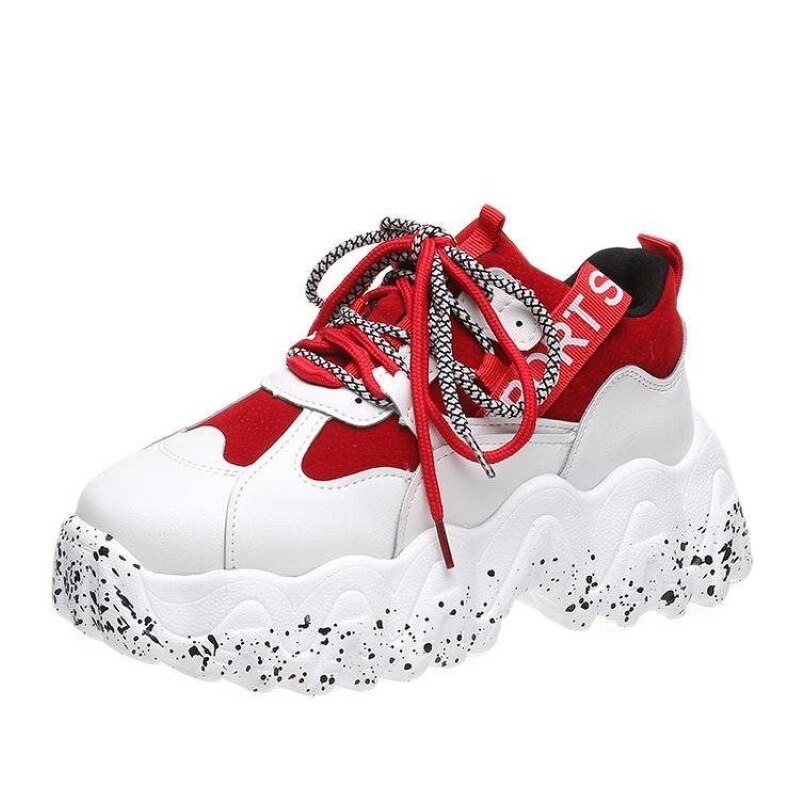 Damskie buty sportowe superfine fibre daddy shoes ins grube dno babeczki 5 kolorów opcjonalne buty do biegania z nadrukiem rozlanego atramentu trampki: red / 35