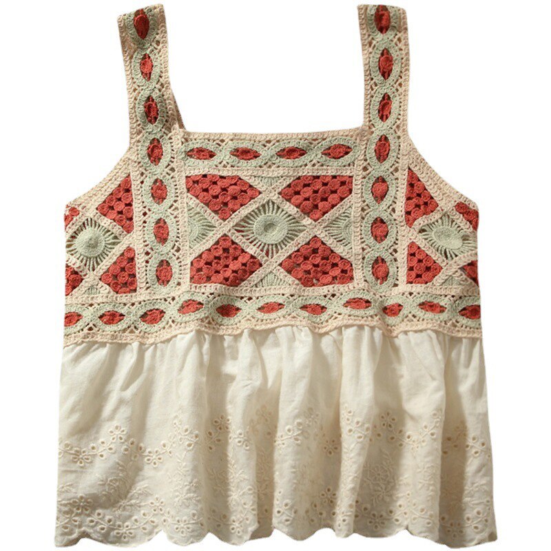 Patchwork cropped top dametøj strikket hul camisole kvindetøj rygløse blondetoppe dame tank-top sommer: Style-a beige