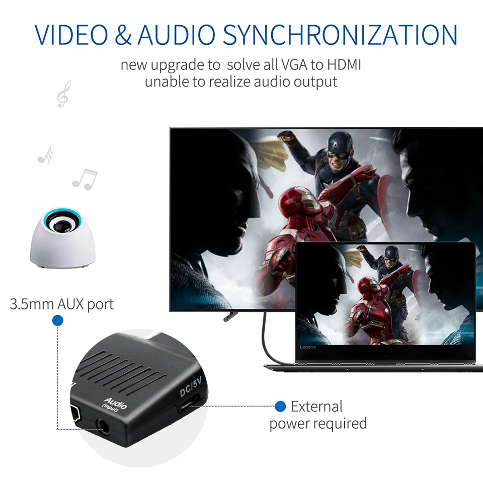 Qgeem vga til hdmi konverter med lyd fuld hd vga til hdmi adapter med videoudgang 1080p hd til pc laptop hdmi tovga