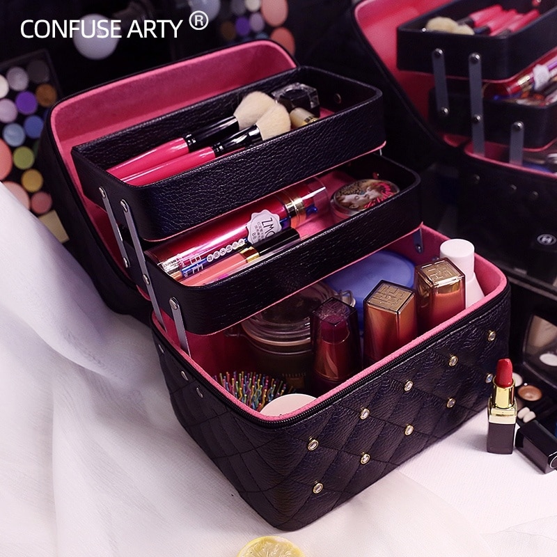Makeup taske dejlig kosmetisk æske kvinder afslappet folde lag rejse opbevaring kuffert stor kapacitet kuffert