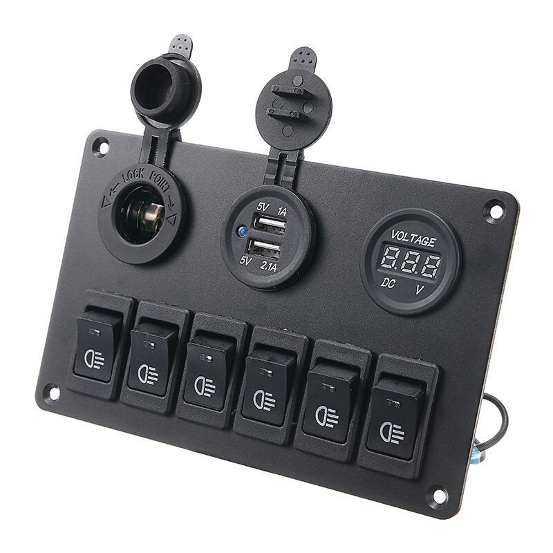 12V 6 Gang Car Blue LED Circuit Rocker Switch Panel Dual USB Charger Marine Boat Rocker Switch Control Panel Set