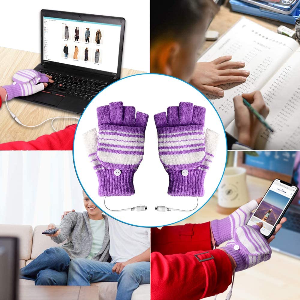 Usb-uppvärmda handskar för vantar för män och kvinnor, usb 2.0- uppvärmning, ränder mönster stickning händer varmare, fingerlös tvättbar