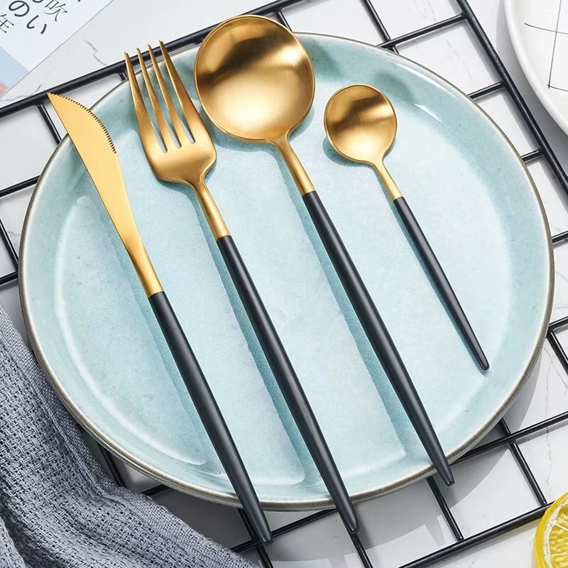 Bestekset zwart goud vork lepel messenset roestvrij staal servies reisserviesset voor bruiloft