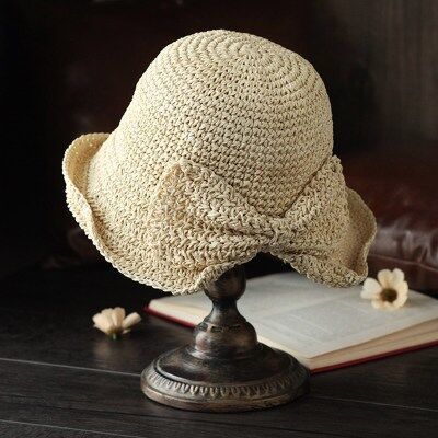 Förälder-barn raffia rosett solhatt bred brätte diskettiga sommarhattar för kvinnor strand panama halmkupol hinkhatt femme shade hatt: Beige / Barn 50 - 54cm