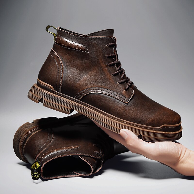Forår/efterår mænd læder sneakers brune vintage arbejdsstøvler til mænd mærke herre motorcykel støvler mænd støvler