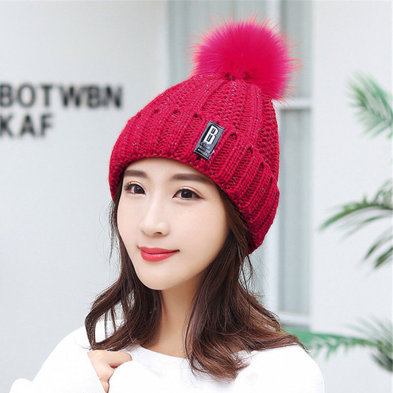 Frauen Dicke Kabel Stricken Hut Schal Weibliche Mützen Plüsch Hut Und Ring Schal Winter Warme Frau Dame Pom Pom kappe Schals Rosa: Wine Red Hat