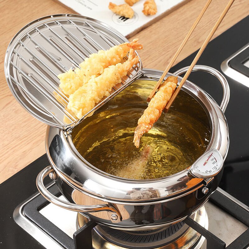 Japanse Frituren Pot Met Thermometer Deksel Tempura Friteuse Pan 304 Roestvrijstalen Keuken Kookgerei Koken Gebakken Gereedschap 20/24Cm