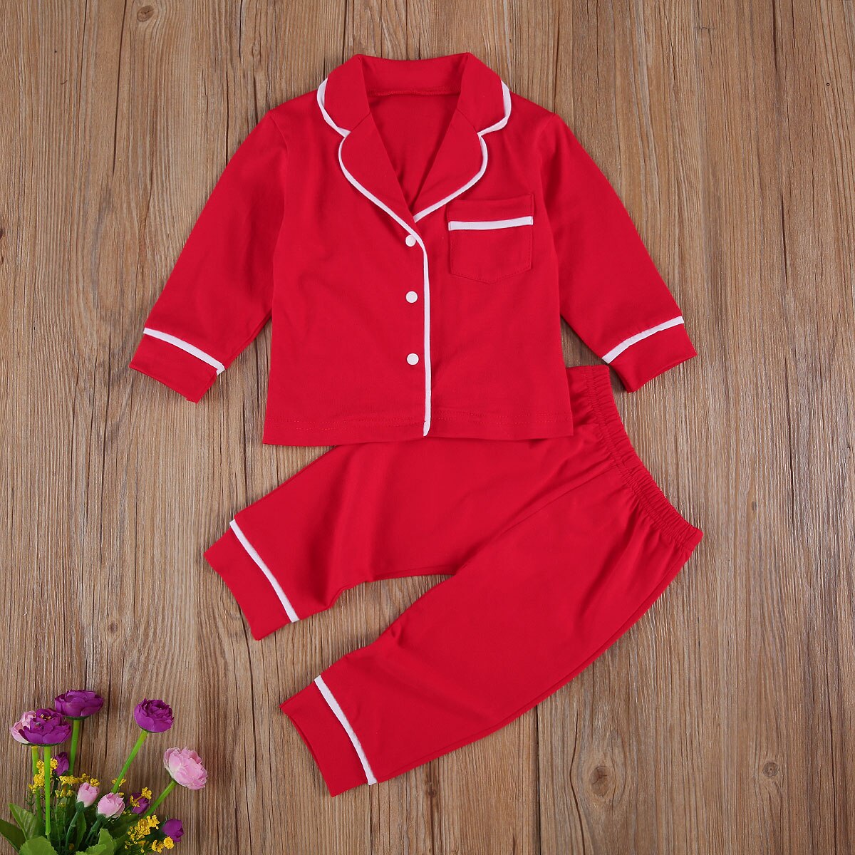 2- delige pyjamaset voor peuters, meisjes, jongens, lange mouwen, revers, knopen, overhemd, top en broek, katoenen casual, huiskleding, nachtkleding, nachtkleding