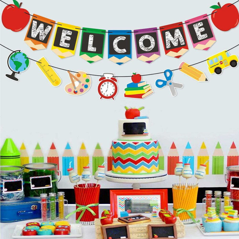 2Pcs Welkom Klasse Terug Naar School Opknoping Teken Banner Bunting Eerste Dag Van School Voor Classroom Decor Party Decoraties