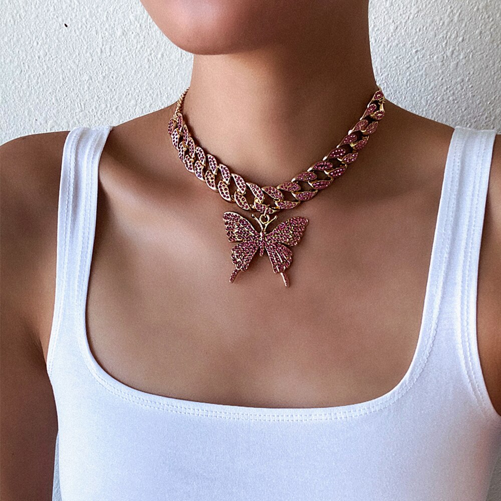 Collar de cadena de mariposa de eslabones cubanos, cadena con diamantes de mariposa, Gargantilla para mujer, joyería de hip hop, accesorios de joyería de hielo