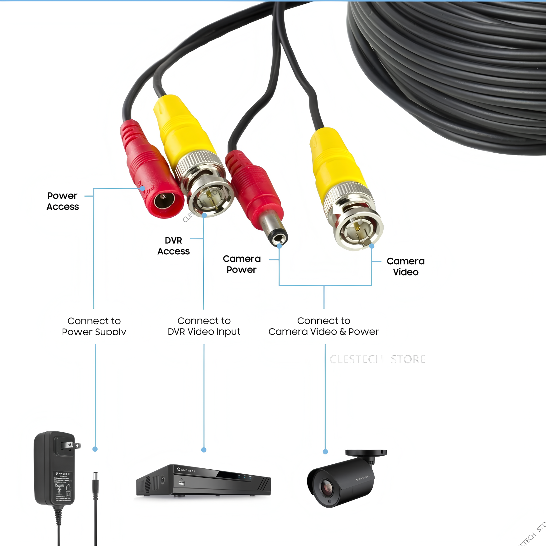 ALL Copper Video+power cord 5m 10m 15m 20m 30m 50m HD copper Security Camera Wire Extension extension with BNC+DC 2in1 AHD Cable