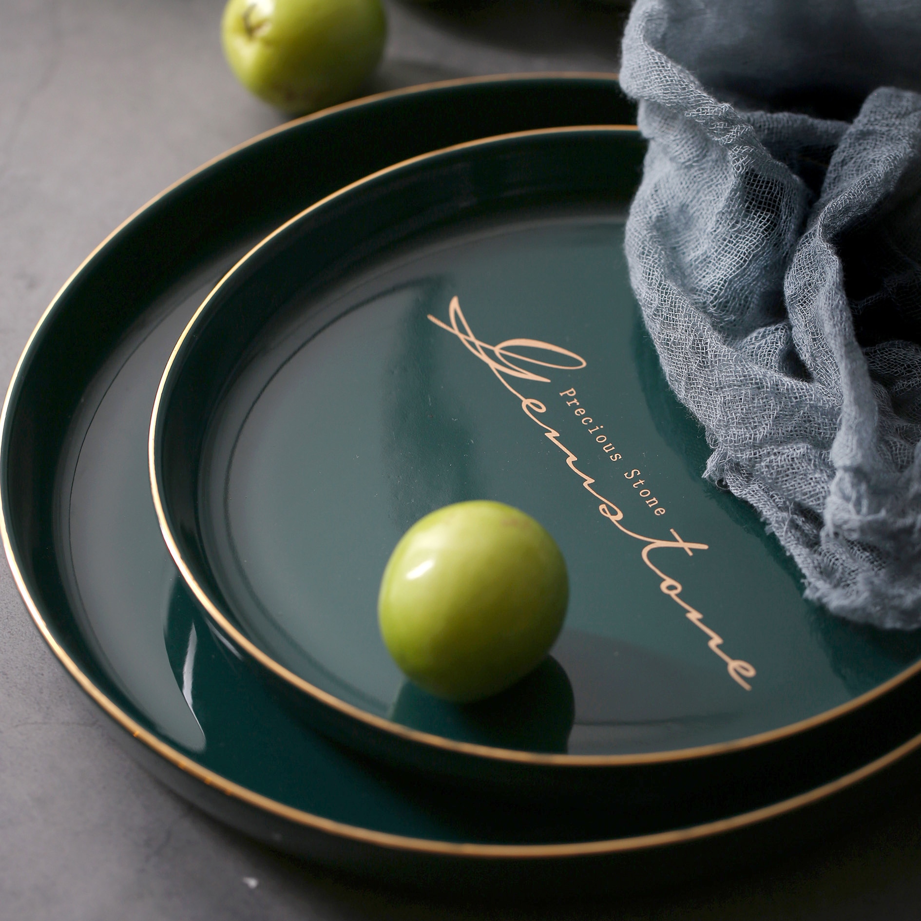 Nordic Gold Edge Ceramic Plate Green Round Porcelain Household Dinner Plate Steak Dessert Tray Breakfast Fruit Cake Dishes Plate