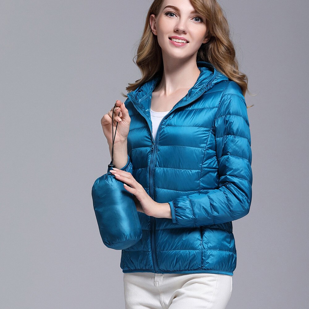 Winter Coat Women Ultra Light Down Jacket White Duck Down Hooded Jackets Parka Casual Female Long Sleeve Solid Outwear Coat: Blue / XL