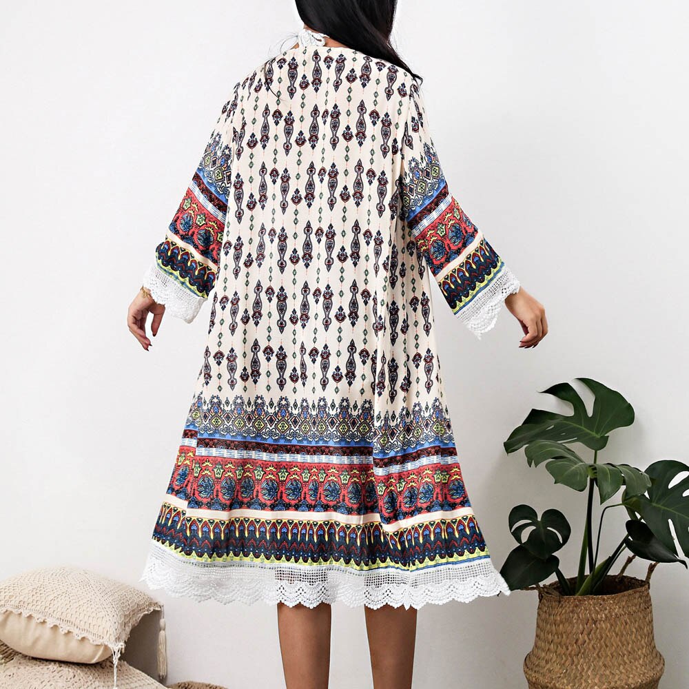 Kimono largo con estampado entérico, cárdigan suelto con empalme de encaje, abrigo de verano, informal, ropa de playa, vacaciones, blusa de playa, ,