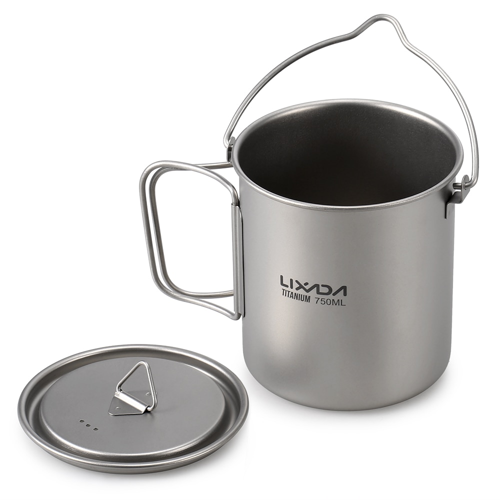 Vajilla de titanio para exteriores Lixada, olla de 750ml, tazón taza de agua de 420ml con tapa, mango plegable, deportiva para Camping, Picnic, senderismo, Viajes