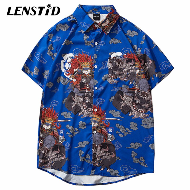 LENSTID Men Hip Hop Cat Samuri Printed Hawaiian Shirt Harajuku Streetwear Beach Shirt Summer Short Sleeve Thin Aloha Shirts