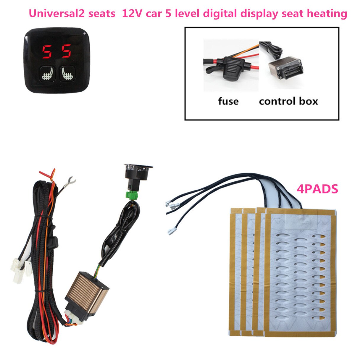 2 Seats 4 Pads Universal Alloy wire Heated Seat Heater 12V mats 2 Dial 5 LCD digit Switch Winter Warmer Seat Covers Bench