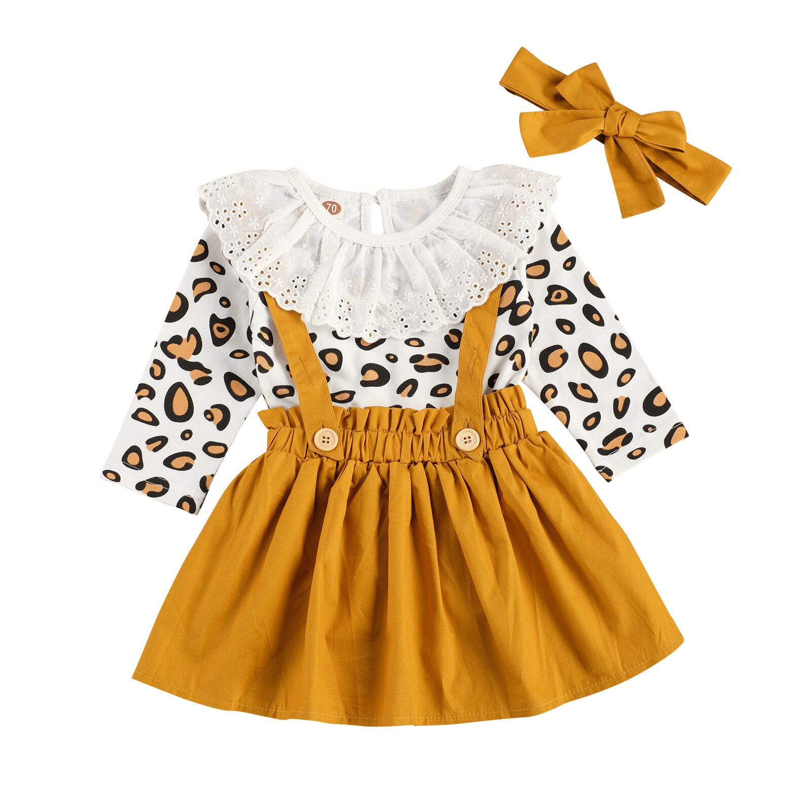 Meisje Drie Delige Set, Baby 'S Leopard Gedrukt Lace Crew Romper Strap Rok Strikje Voor Peuters: 2 / 9m