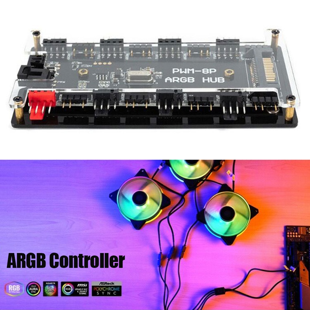 Remote Control PWM Fan Hub 8 Port 4-Pin PWM Fan 1 to 8 3-Pin ARGB Addressable RGB LED Hub