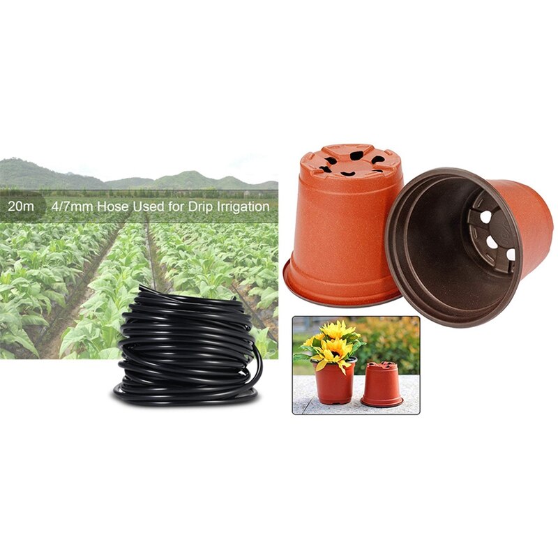 4 / 7Mm Sprinkler System Laying Tube Irrigation Pipe 20M With 130 Pcs 10Cm Plastic Plants Nursery Seed Starting Pots