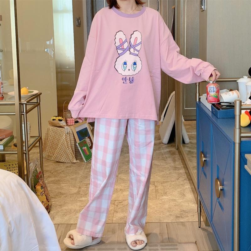 Pajamas Women Casual Autumn Long-Sleeved Round Neck Purple Collar Pink Rabbit Head Pink Lattice Pants Pajamas Set M-Xxl