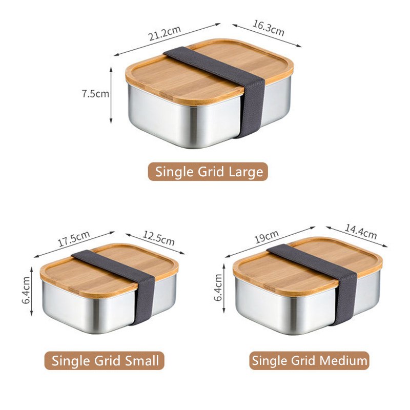 304 Stainless Steel Bamboo-wood Lid Lunch Box Packaged Food-grade Sushi Box Divided Grid Work Lunch Box Steamed Rice Seal Box
