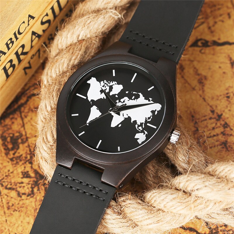Herenhorloges van hout, zwarte wijzerplaat met wereldkaart, zwart leer, analoog quartz-horloge met sandelhout, houten horloges
