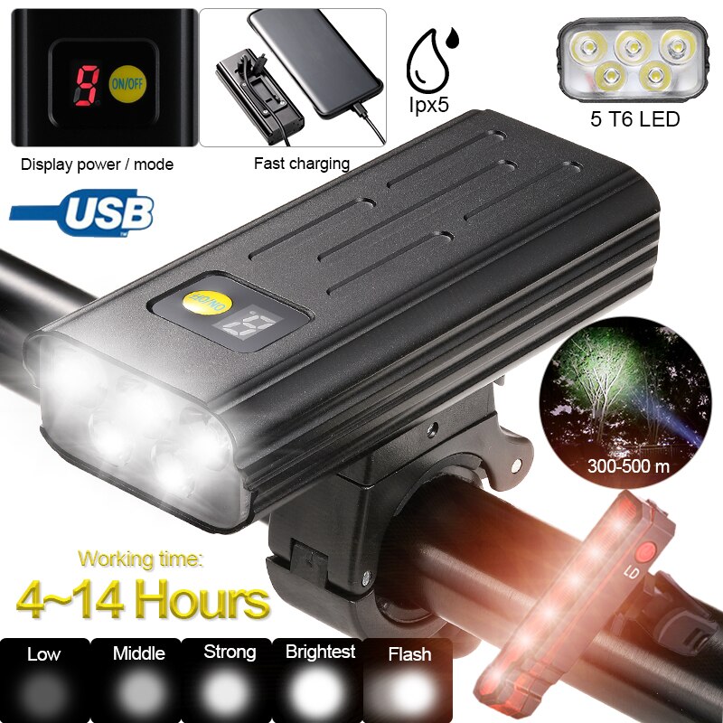 USB Vorderseite Fahrrad Licht 5 LED Fahrrad Lenker Lampe Digital Anzeige Radfahren Taschenlampe mit Typ-C Ladung Energie Bank Funktion: 5LED W Laser- hell