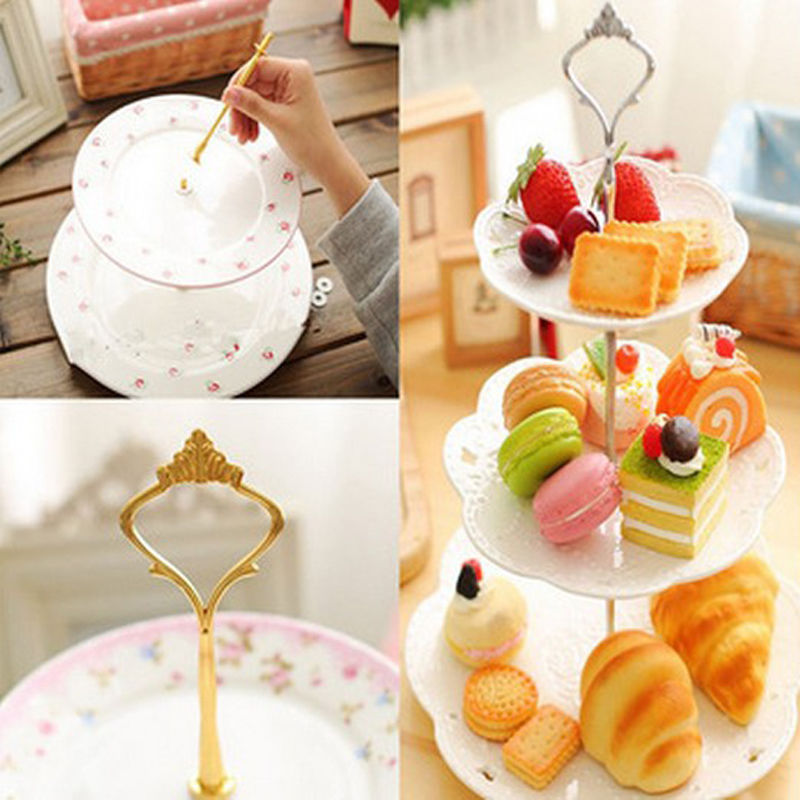 1 Juego de soporte de platos para pasteles de 2 o 3 niveles (plato no incluido) accesorio de corona de mango de Metal para fiestas de bodas plata/oro