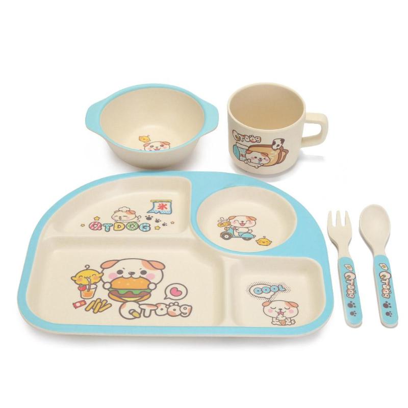 Juego de 5 unidades de platos y cucharas ecológicos de fibra de bambú para bebés, juegos de vajilla con 4 ranuras para niños, vajilla de platos para bebés y niños: c