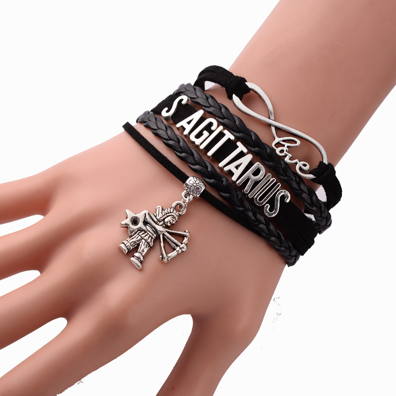 12 znak konstelacji zodiaku punk czarny guzik plecione skórzane bransoletki dla kobiet mężczyzn Leo Virgo Libra biżuteria знаки задиака: F