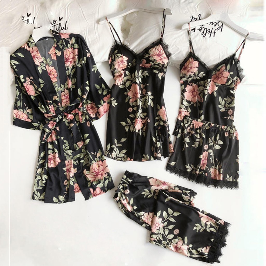 Pijama de satén de 5 piezas para mujer, ropa de dormir de retales de encaje, para boda, de rayón, para el hogar: Black / S