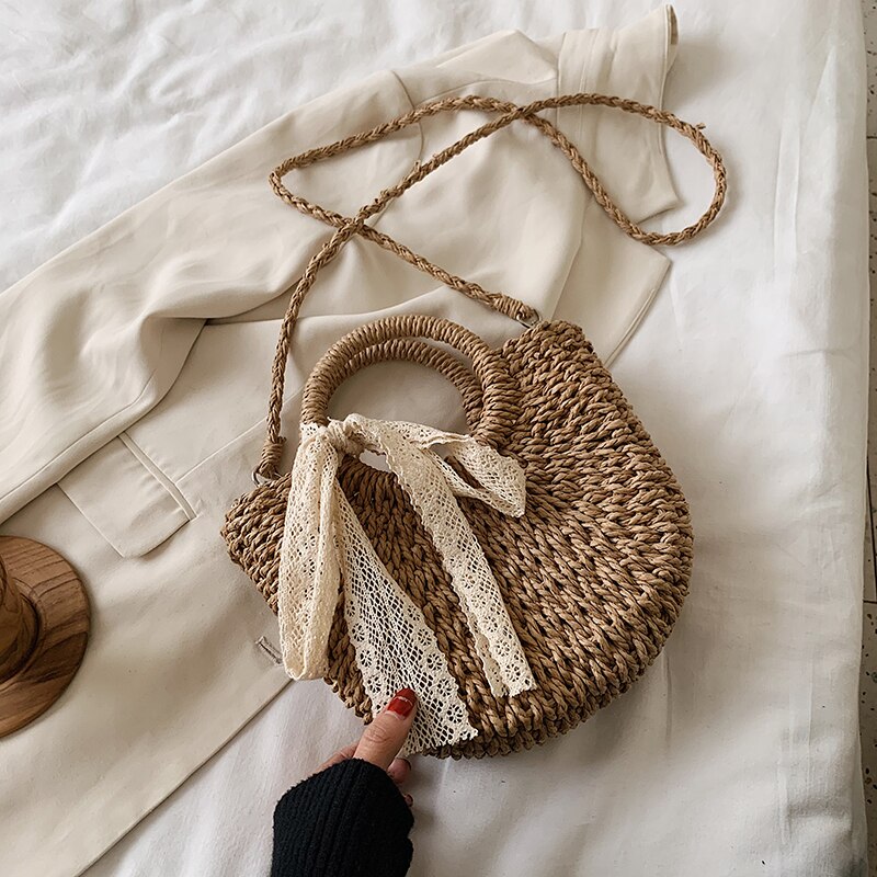 Chic halmväska för kvinnor boho spetsbåge ledig tote cirkel handtag rottingsnöre dragsko handväska resa strand axelväska