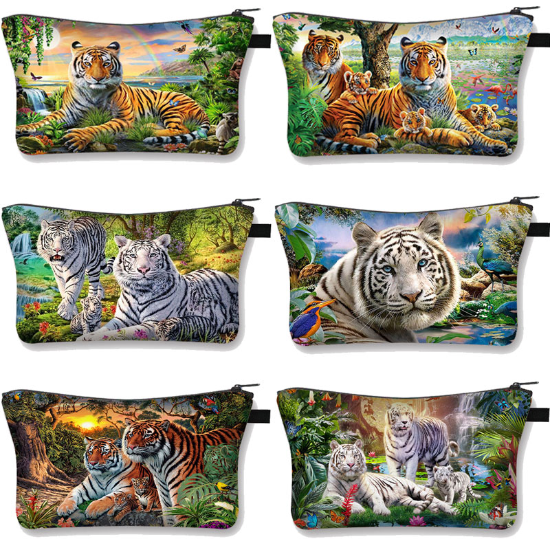 Biały nadruk tygrysa kosmetyczka moda kosmetyczka kosmetyczka torebka na suwak Organizer podróżna kosmetyczka kosmetyczka dziewczyny Mini torebka