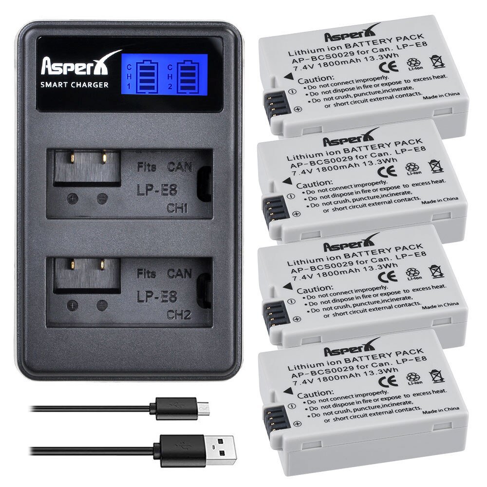 4Pcs 1800mAH LP-E8 LPE8 LP E8 Battery Batterie AKKU + LCD Dual Charger for Canon EOS X4 X5 X6i X7i T2i T3i 550D 600D 650D 700D: 4B with Charger