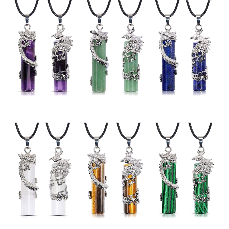Collar cilíndrico con colgante de Yin Yang para parejas, 2 piezas, dragón de cristal, Fénix, curación por radiación